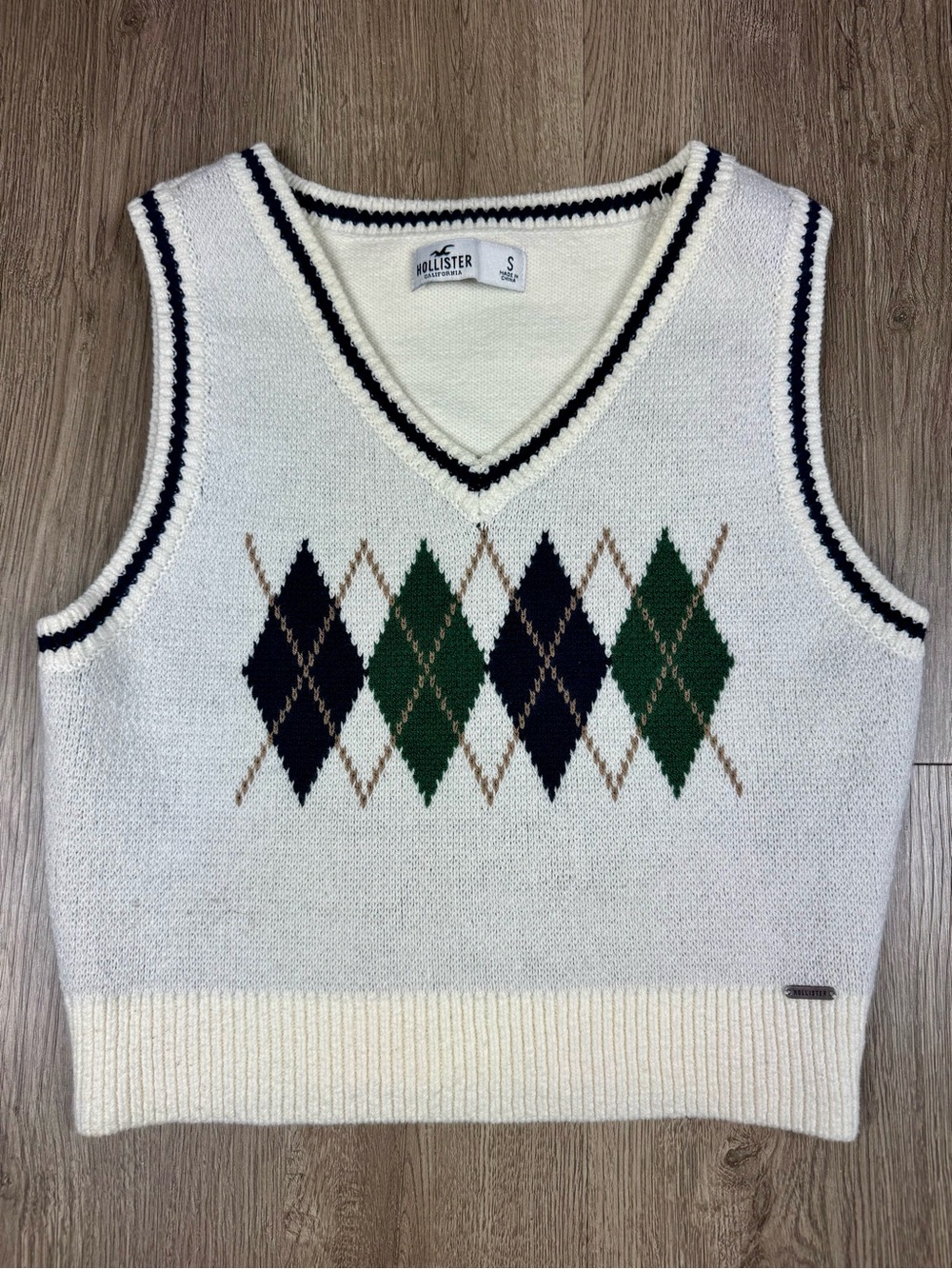 Hollister Cream Argyle Knit Sweater Vest  Preppy Golf Cottage Women’s Small
